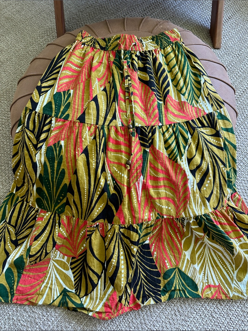 Tiered Tropical Print Maxi Skirt in Green, Coral & Gold